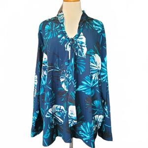 Anthony Richards Navy Palm Print Long Sleeve Tunic Blouse Plus Size 24 24W NWT